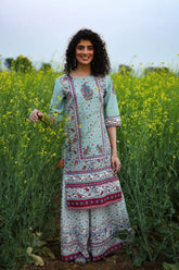 Grey Cambric Printed Straight Kurta Palazzo Dupatta Set